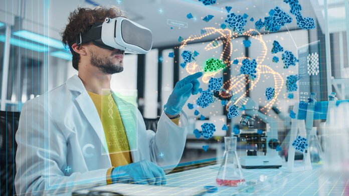 Futuristic Medical Research Laboratory: Research Scientist Wearing Virtual Reality Headset, Does Augmented Reality Research of Bacteria Genome, Using Gestures. AI Biotechnology Research in Progress